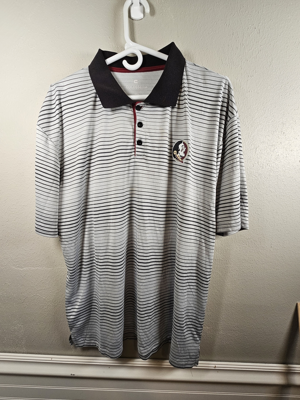 Colosseum Men’s White Striped Polo with Black Collar and Red Trim